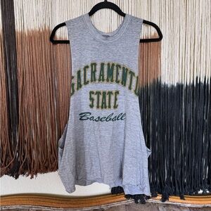 Grey, green and gold Sacramento State baseball cut off tank top; good condition
